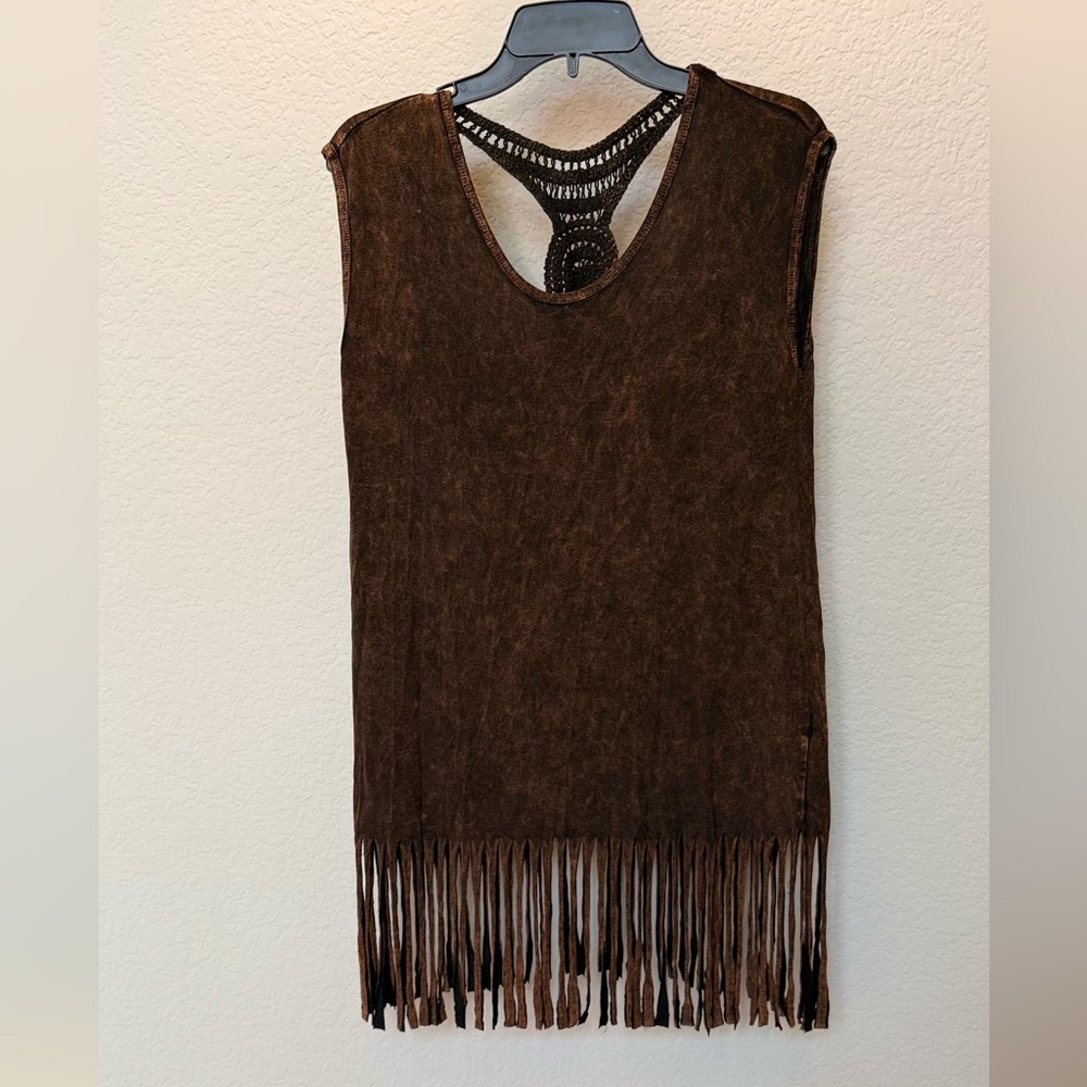 Brown Sleeveless Fringe Top